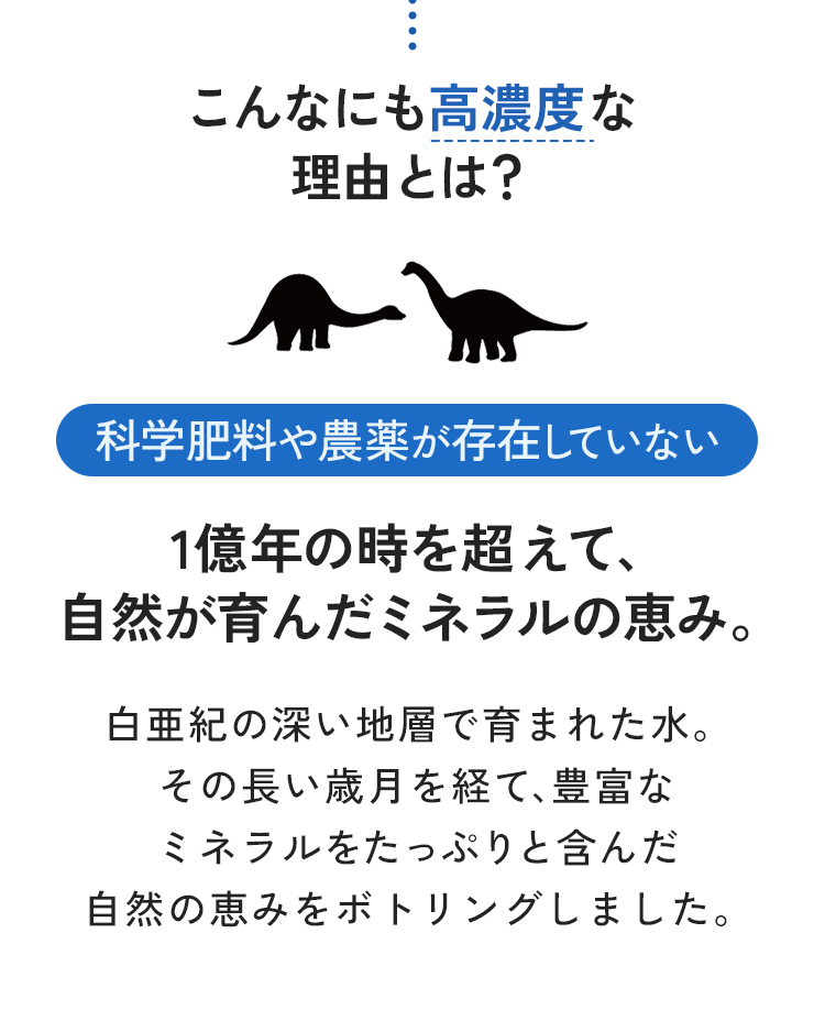 こんなにも高濃度な理由とは? 化学肥料や農薬が存在していない 1億年の時を超えて、自然が育んだミネラルの恵み。